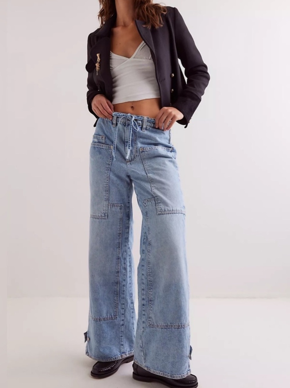 FREE PEOPLE WE THE FREE OUTLAW WIDE LEG DRAWSTRING DENIM UTILITY JEANS small